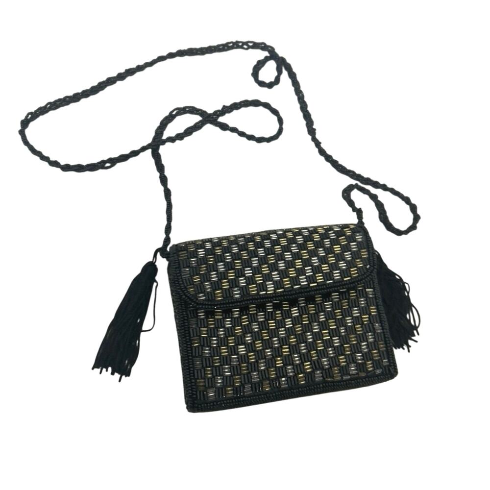 Vtg Passports Pier1 Y2K Metallic Beaded Evening Shoulder Bag Tassel Black Mini